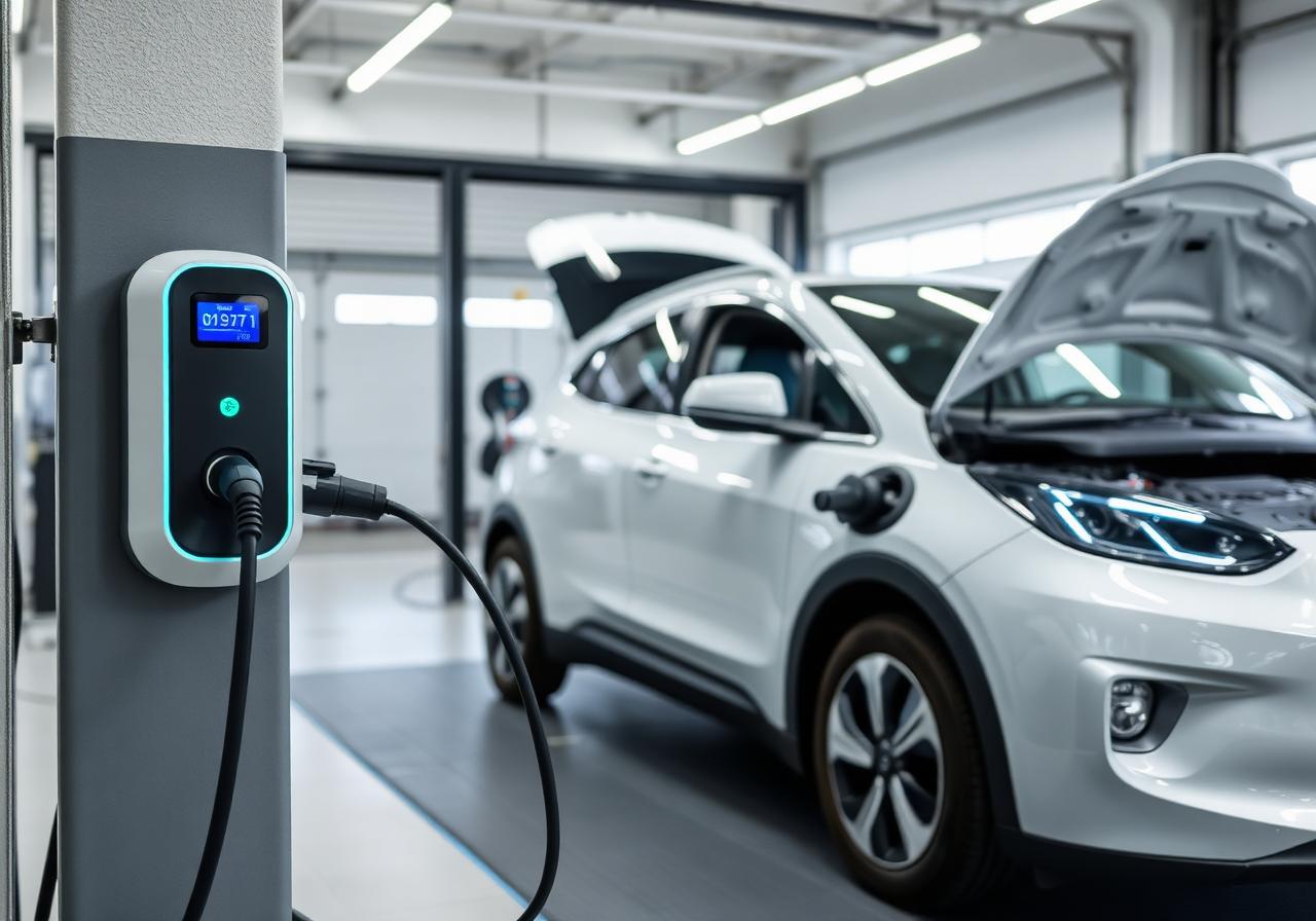 Electric vehicle being serviced